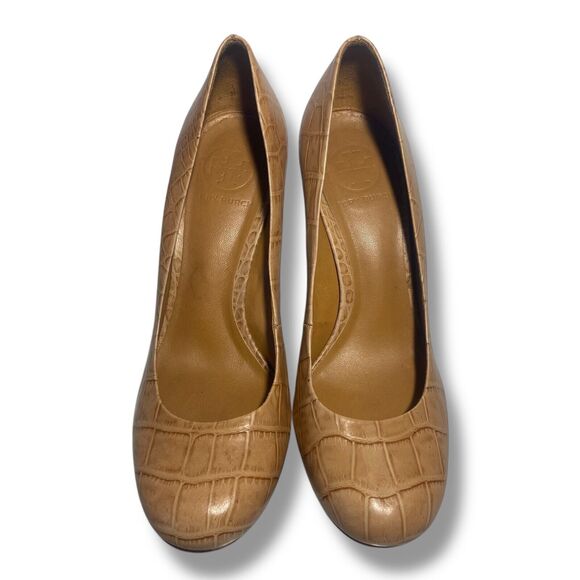 Tory Burch Women Tan Brown Croc Embossed Leather Platform Pumps Heels Size 8 M - Picture 2 of 16